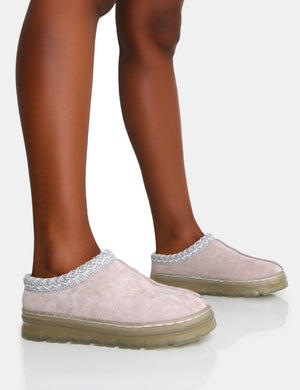 Nala Light Grey Faux Suede Embroidered Slipper Platform Boots
