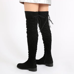 Arya Lace Up Back Flat Long Boots in Black Faux Suede