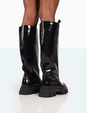 Genius Wide Fit Black Box Patent Knee High Chunky Sole Boots