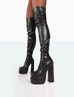 Identity Wide Fit Black Pu Platform Over The Knee Boots