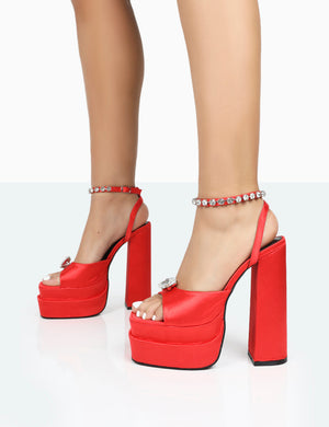 Frozen Red Satin Diamante Strap Open Toe Block Platform Heels