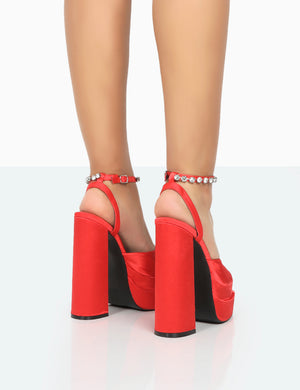 Frozen Red Satin Diamante Strap Open Toe Block Platform Heels