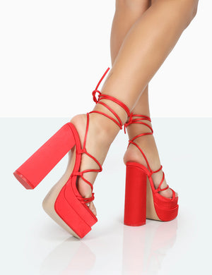 Glow Girl Red Satin PU Lace Up Platform High Heels