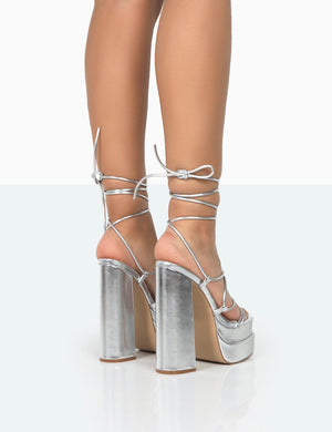 Glow Girl Silver Metallic PU Lace Up Platform High Heels