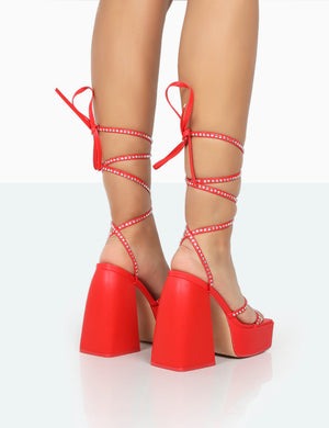 Helena Red Grain Pu Diamante Chunky Square Toe Platform Heel Block Heels
