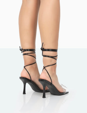 Peony Black Patent PU Strappy Bow Square Toe Stiletto Heels