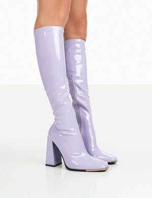 Caryn Lilac Patent Knee High Heeled Boots