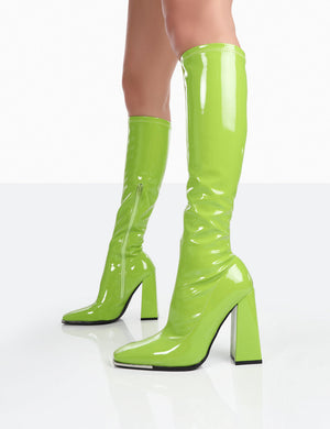 Caryn Lime Patent Knee High Heeled Boots