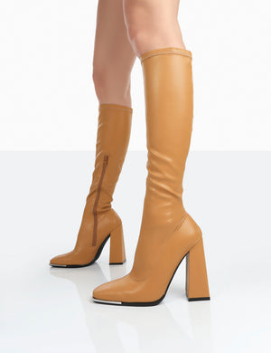 Caryn Camel Grain Pu Patent Knee High Heeled Boots
