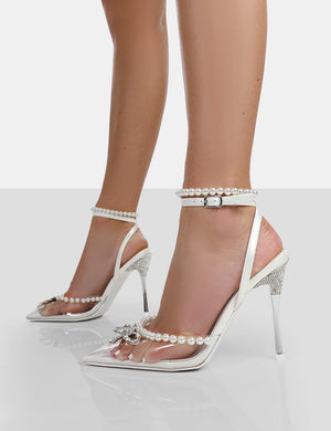 Pearly Pearlescent White Wrap Around Party Pointed Toe Stiletto Court Heels