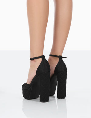 Kylie Black Padded Nylon High Heel Peep Toe Platform Block Heels