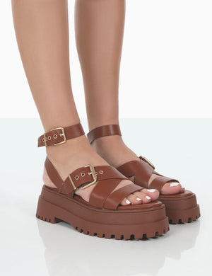 Follow Tan PU Chunky Buckle Sandals