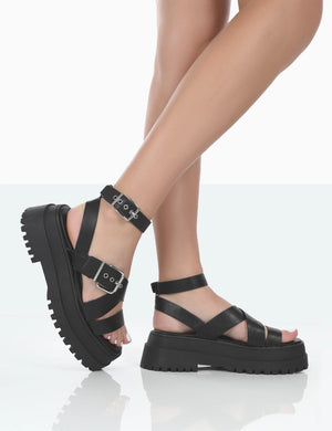 Follow Black PU Chunky Buckle Sandals