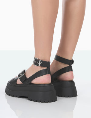 Follow Black PU Chunky Buckle Sandals