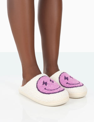 Daze Lilac Printed Smiley Face Slippers