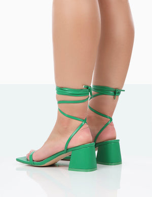 Babeass Green Pu Sqaure Toe Lace Up Block Mid Heeled Sandals