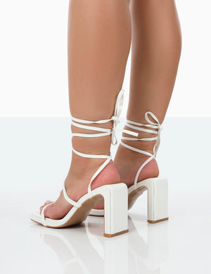 Misha White Square Toe Strappy Lace Up Thin Block Heels