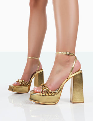 Boujee Gold Metallic Square Toe Strappy Block Heels