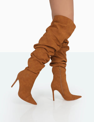 Lariza Tan Faux Suede Pointed Toe Stiletto Over the Knee Boots