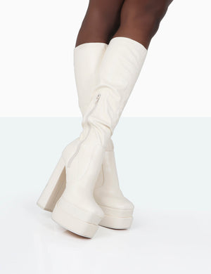 Passive Ecru PU Square Toe Platform Block High Heel Over The Knee Boots