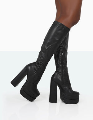 Passive Wide Fit Black Pu Square Toe Platform Block High Heel Over the Knee Boots