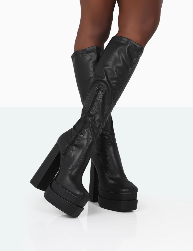Passive Black PU Square Toe Platform Block High Heel Over The Knee ...
