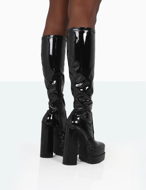 Passive Black Patent Square Toe Platform Block High Heel Over The Knee Boots