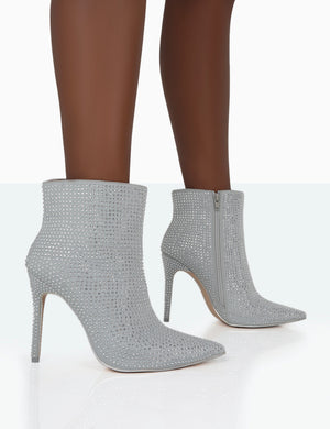 Verona Wide Fit Silver Diamante Stiletto Ankle Boots