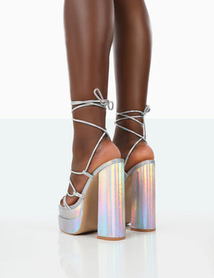 Glow Girl Silver Holographic PU Lace Up Platform High Heels