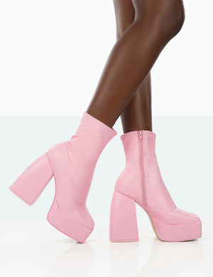 Own Thing Wide Fit Pink PU Chunky Square Toe Platform Heel Ankle Boots
