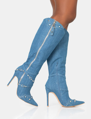 Worthy Blue Denim Studded Zip Detail Pointed Toe Stiletto Knee High Boots