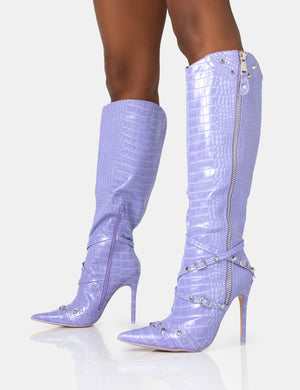 Worthy Lilac Croc Studded Zip Detail Pointed Toe Stiletto Knee High Boots