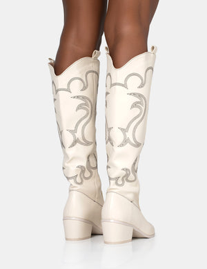 Cooper Ecru PU Western Embroidered Knee High Cowboy Boot