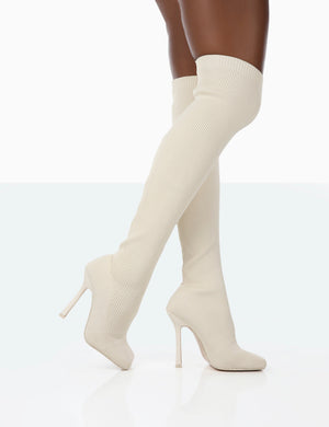 Bubbles White Wide Fit Knitted Over The Knee Boots