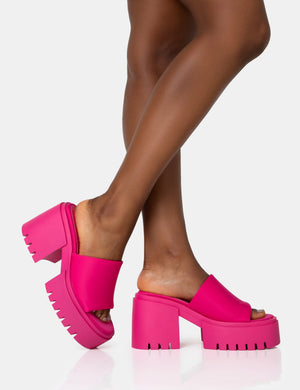 Sabeena Pink Chunky Mule Round Toe Mid Heel Sandals