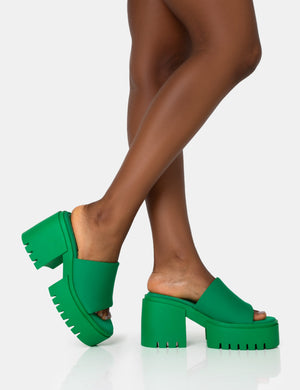 Sabeena Green Chunky Mule Round Toe Mid Heel Sandals