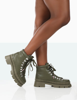 Hike There Khaki Pu Lace Up Chunky Sole Winter Boots