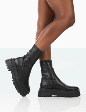 Rusty Black Pu Chunky Sole Sock Ankle Boots