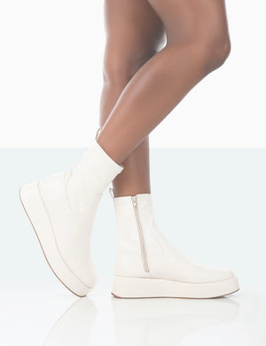 Not Okay Ecru Pu Chunky Sole Sock Ankle Boots