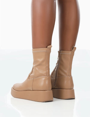 Not Okay Nude Pu Chunky Sole Sock Ankle Boots