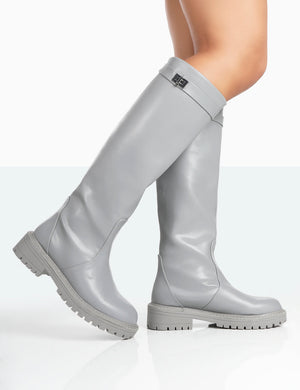 More Fun Wide Fit Grey Pu Round Toe Chunky Sole Knee High Boots