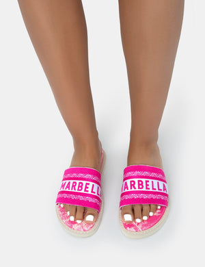 Jet Set Hot Pink Embroidered Marbella Print Slider Sandals