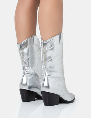 Howdy Silver Pu Pointed Toe Western Cowboy Block Ankle Boots