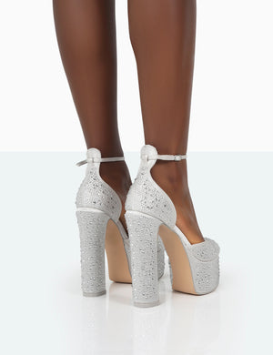 Effie Silver Sparkly Diamante Ankle Strap Block Heel Platform Court High Heels