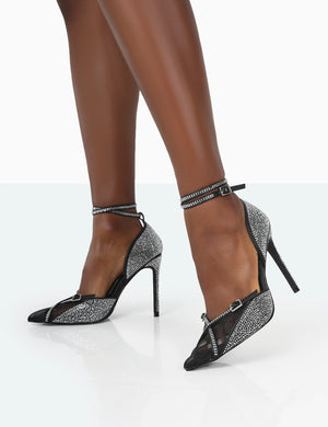 Glitch Black Diamante Mesh Pointed Toe Court Stiletto High Heel