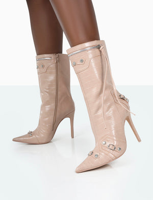 Kulture Nude Croc Pointed Toe Zip Detail Ankle Boots