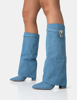 Echo Blue Denim Padlock Detail Fold Over Pointed Toe Knee High Boots