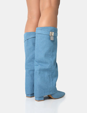 Echo Blue Denim Padlock Detail Fold Over Pointed Toe Knee High Boots