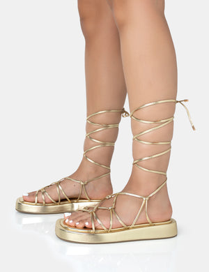 Babygirl Gold Flatform Lace Up Sandals