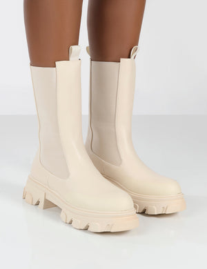 Boston Bone Pu Wide Fit Calf High Chunky Sole Boots